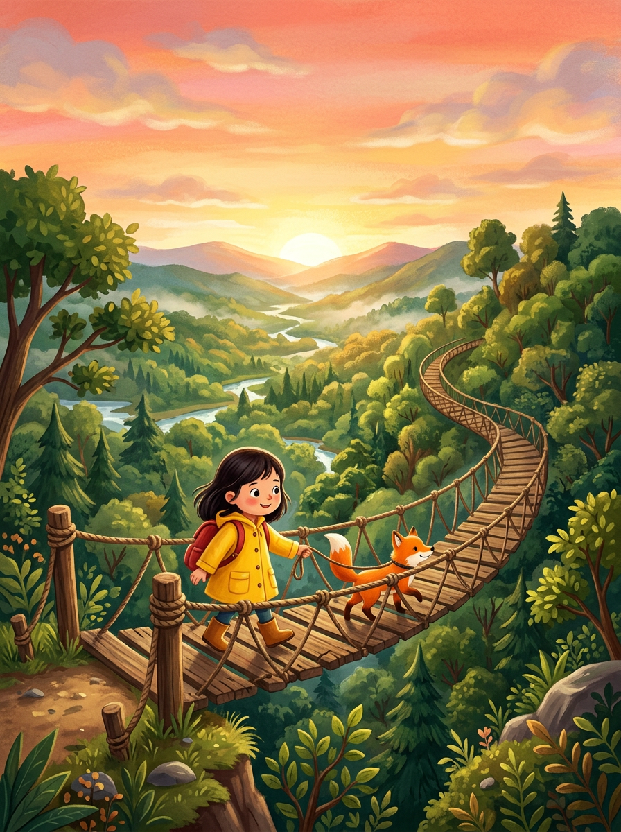 Sample cover: a girl in a yellow raincoat and a fox crossing a rope bridge over a forest valley