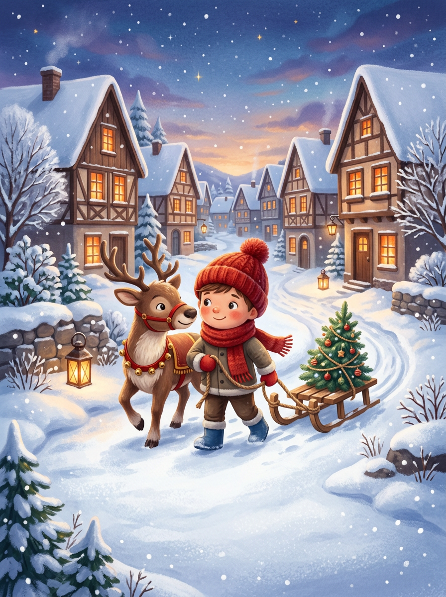 Sample cover: a boy pulling a sled with a small fir tree through a snowy village