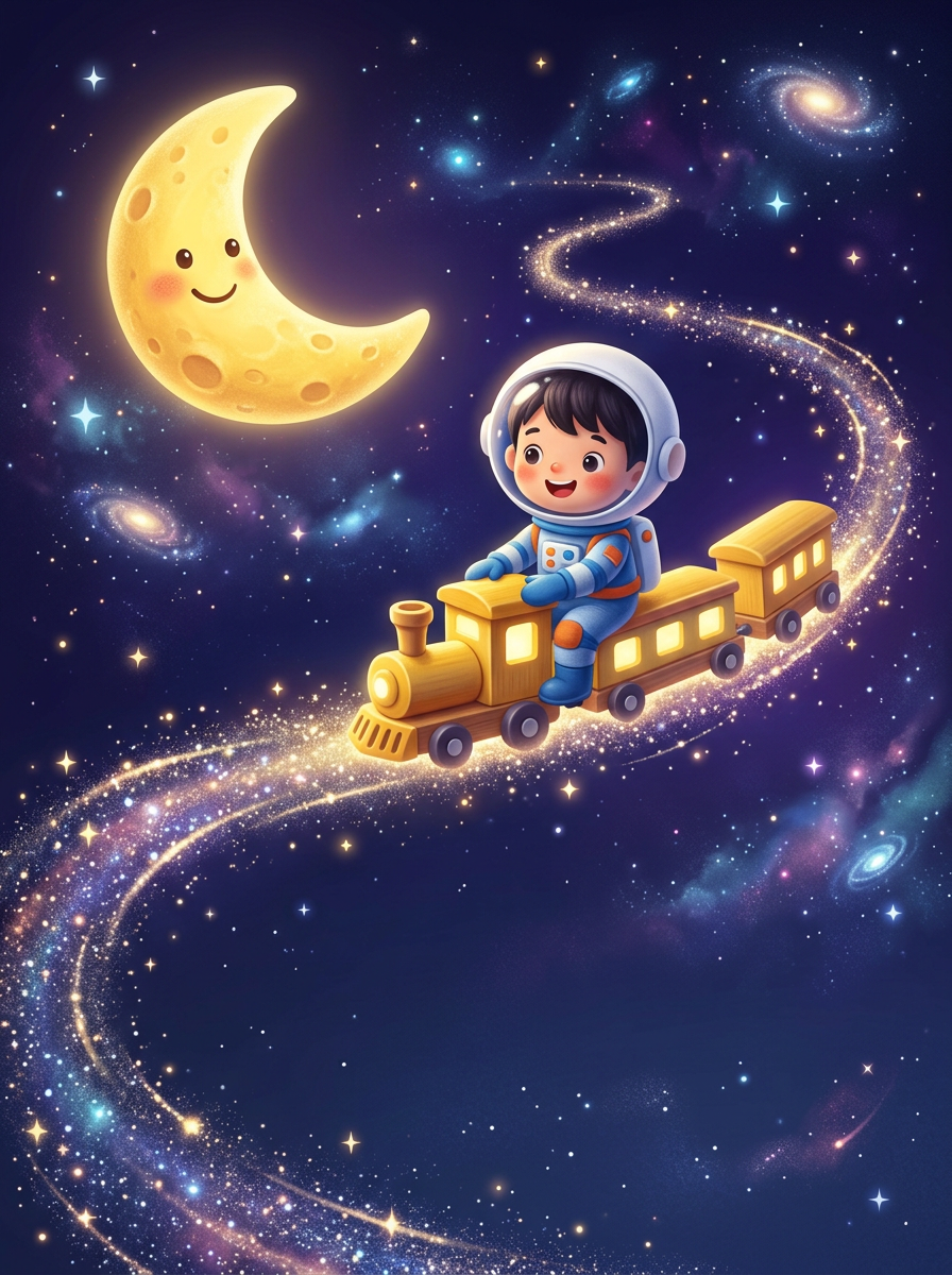 Sample cover: a boy in a space helmet riding a little yellow train past a smiling moon